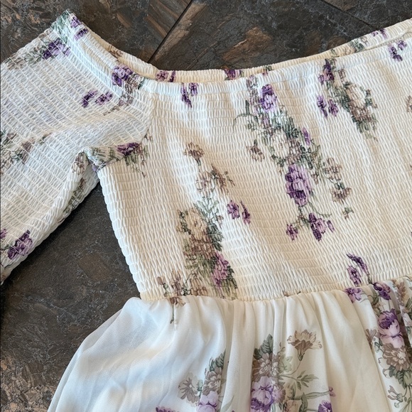 Torrid ivory and purple floral smocked chiffon off-the-shoulder dress - Picture 6 of 15